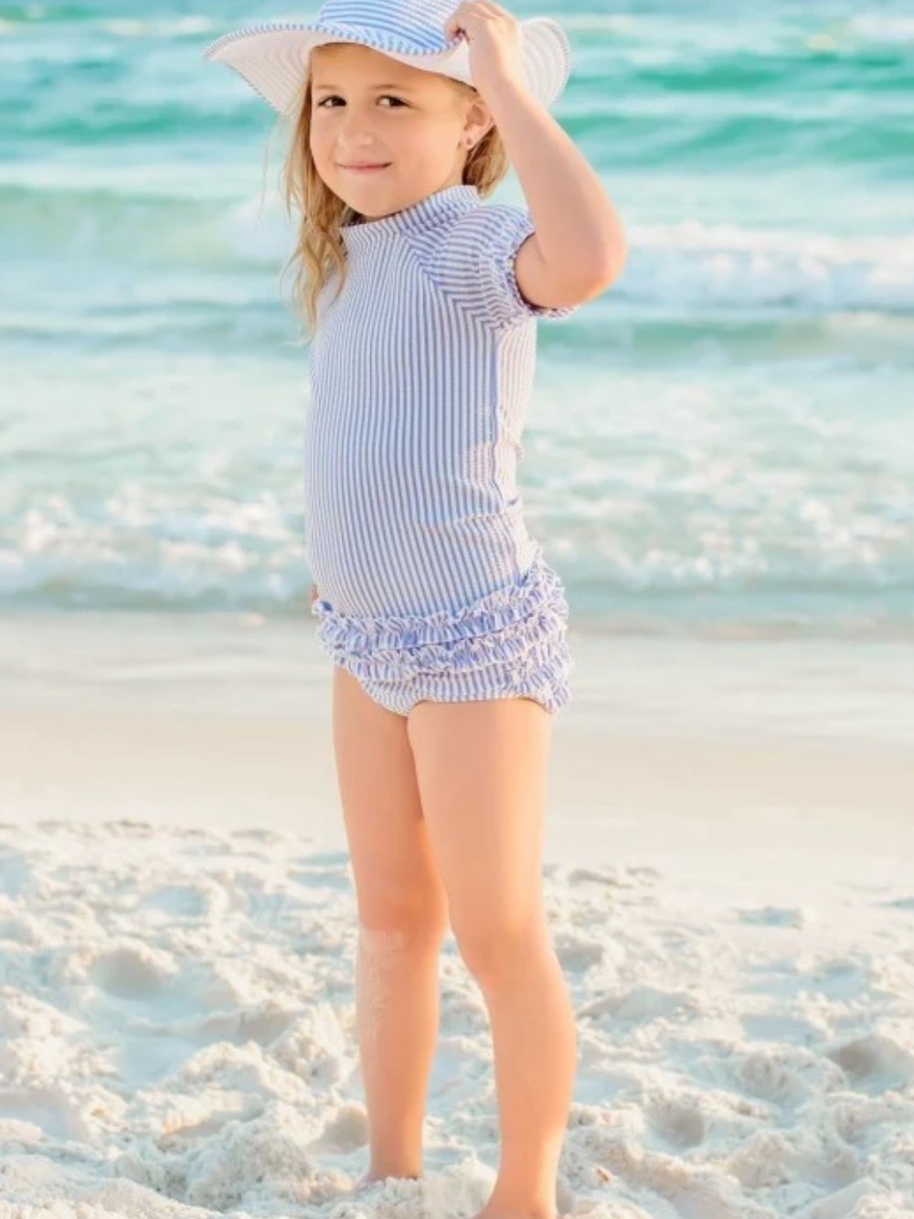 Ruffle Butts Seersucker Short Sleeve Rash Guard Bikini Swimsuit